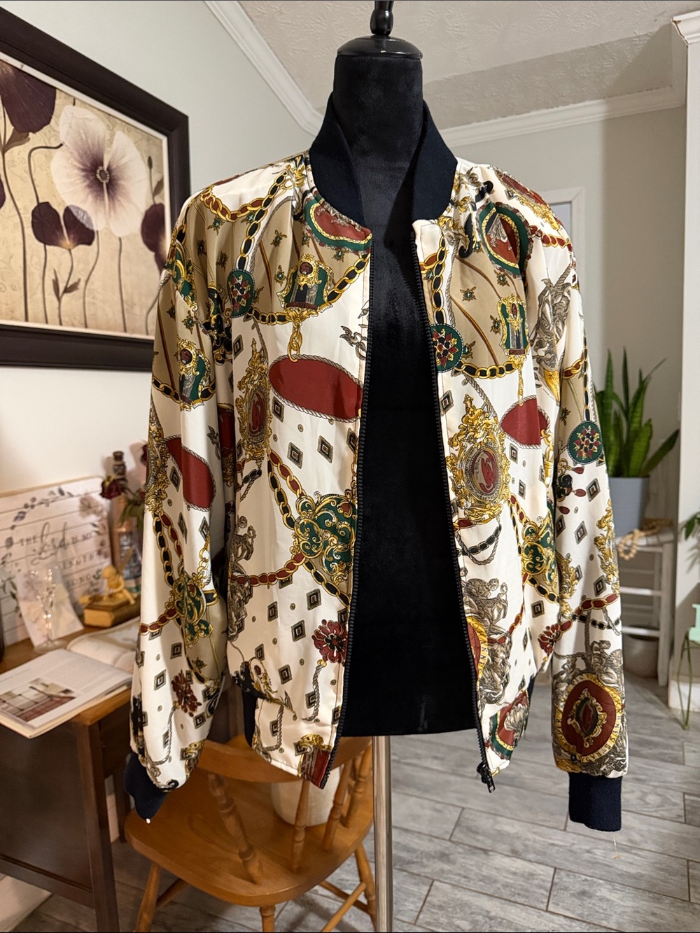 Jacqueline Ferrar Cream Baroque Print Bomber Jacket with Red & Green Accents